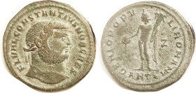 CONSTANTIUS I, Follis, GENIO POPVLI ROMANI, Genius stg l, ANT*, VF, centered, dark green patina with some paler green hilighting. With certif signed b...