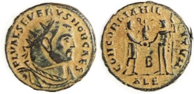 SEVERUS II, As Caes, Post-Reform radiate, CONCORDIA MILITVM, Ruler & Jupiter, B/ALE; VF, well centered, dark patina with contrasting earthen hilightin...
