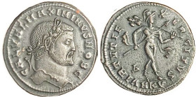 MAXIMINUS II, As Caes, Follis, VIRTVTI EXERCITVS, Mars adv r, MKV; Choice AEF, centered & quite boldly struck, good steely-brown surfaces. Scarce. (A ...
