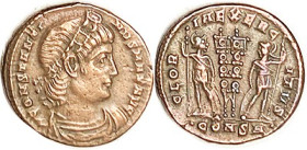 CONSTANTINE I, Æ3, GLORIA EXERCITVS, 2 standards betw soldiers, •CONSA, EF, well centered & struck, good detail, lt brown from old cleaning. (A Ch. AE...