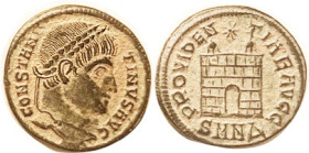 CONSTANTINE I, Æ3, PROVIDENTIAE AVGG, camp gate, SMN-Delta; EF, perfectly centered & well struck, good detail; dark patina with dramatic earthen contr...