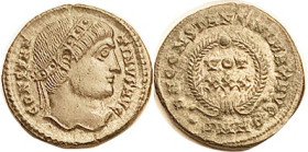 CONSTANTINE I, Æ3, VOT XXX in wreath, lgnd around, •SMHB; Choice EF, well centered & struck, dark patina with significant silvering on rev, very sharp...