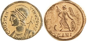 CONSTANTINOPOLIS, Æ3, Bust l./Victory stg l., on prow, SMANI, VF-EF/VF, centered, dark patina with strong hilighting, very nice. (A VF realized $31 on...