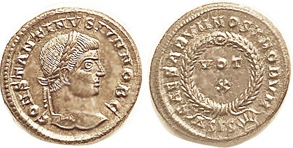 CONSTANTINE II, Æ3, VOT X in wreath, lgnd around, Delta-SIS-sunburst; Choice Vir...