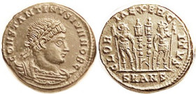 CONSTANTINE II, Æ3, GLORIA EXERCITVS, 2 standards betw soldiers, SMANS; AEF/VF-EF, well centered & struck, dark brown. (An EF/VF brought $56 in my 5/0...