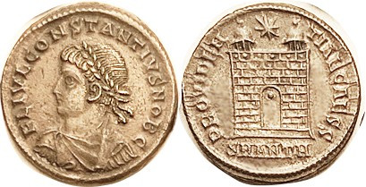 CONSTANTIUS II, As Caes, Æ3, bust left/PROVIDENTIAE CAESS, Camp gate, SMANTH; Ch...