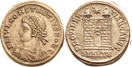 CONSTANTIUS II, As Caes, Æ3, bust left/PROVIDENTIAE CAESS, Camp gate, SMANTH; Choice EF, perfectly centered & well struck on large flan, good brown su...