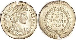 CONSTANTIUS II, Heavy Siliqua, VOTIS XXX MVLTIS XXXX in wreath, SIRM; a piece out of edge has been reglued, with small piece still missing; otherwise ...