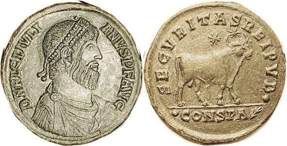 JULIAN, Æ1, SECVRITAS REIPVB, Bull stg r, •CONSPA-branch; Nice EF, perfectly cen...