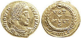 JOVIAN, Æ3, VOT V MVLT X in wreath, AQVILS; CHOICE EF, well centered & quite sharply struck, glossy smooth dark greenish patina. Scarcer mintmk. (An E...
