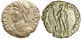 PROCOPIUS, Æ3, REPARATIO FEL TEMP, Ruler stg w/labarum, CONSS; AVF, centered on sl ragged flan, lgnds all there tho crowded, dark greenish patina, nic...