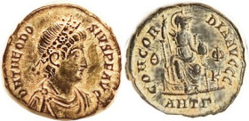 THEODOSIUS I, Æ3, CONCORDIA AVGGG, Roma std r, ANT-Gamma; Choice AEF, well centered & struck, smooth dark patina with earthen hilighting. (An AEF/VF s...