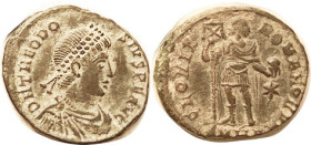 THEODOSIUS I, Æ2, GLORIA ROMANORVM, Ruler stg w/labarum, SMH-Gamma; VF+/VF, centered, full lgnds, tho mtmk partly off; dark greenish patina with some ...