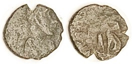 EUGENIUS, Æ4, Vic adv l, G-VG, small flan, no obv lgnd, VICTOR visible, medium brown, bearded portrait reasonably clear.