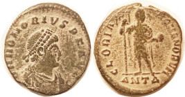 HONORIUS, Æ2, GLORIA ROMANORVM, Ruler stg r, ANT-Delta; VF/F+, nrly full lgnds, brown patina with earthen hilighting, faintly rough, strong portrait. ...