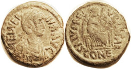 VERINA, Æ2, Her bust r/SALVS REIPVBLICAE, Victory std r, CONE; RIC 655; F+, centered, full lgnds, dark olive patina, clear portrait. RARE. Ex CNG as V...
