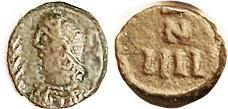 VANDALS, Carthage Municipal coinage, Æ 4 Nummi, Æ10, Bust l, branch/N/IIII; F+/VF, centered, brown, clear; ex-CNG 9/08 as VF, sold for $311 .