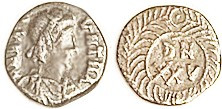 VANDALS, Gunthamund, 484-496, Ar 25 Denari, Carthage, Bust r/DN/XXV in wreath; AVF/VF, centered, ltly toned, clear & decent. (A VF, sl rough & edge ch...