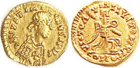 VISIGOTHS, GOLD Trem, 527-80, in name of Justinian I, Bust r/Victory adv r; Choice VF; in CNG flip marked GVF price $2750.