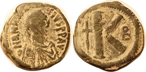 ANASTASIUS I, 1/2 Follis, S-25, Offic B, Bold F, dark patina with strong hilight...
