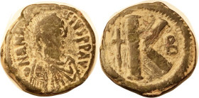 ANASTASIUS I, 1/2 Follis, S-25, Offic B, Bold F, dark patina with strong hilighting. (A F brought $22 on $26 bid in my 1/91 sale, during Anastasius's ...