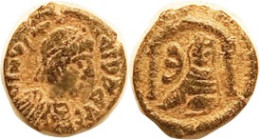 JUSTIN I, 5N, S-111, Bust/Tyche in shrine, F-VF, centered, sl crude, hilighted patina, much detail. (A VG/F realized $26 in my 3/04 sale.)