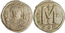 JUSTINIAN I, Follis, S-163, Facg Bust/Large M, CON-XII-B; AVF,, large 41 mm flan, darkish olive-brown, face clear. Ex-Palladium as EF. (An AVF/VF brou...
