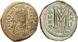 JUSTINIAN I, Follis, S-220, Facg bust/Large M, 9HUP-XXI-E; Choice VF, sl off-ctr, dark greenish patina with some paler green hilighting; good surfaces...