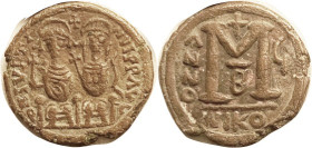 JUSTIN II, Follis, S369, Justin & Sophia std/NIKO-u-B, VF, centered, lt brown patina, sl edge faults, much detail on figures. (An F-VF/VF brought $135...