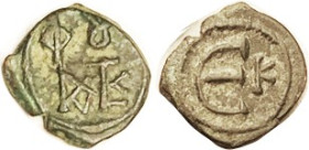 JUSTIN II, 5N, S-375, Monogram/Large E, K = Kyzikos, AEF, centered & clear, dark greenish patina. Scarce & choice. (A VF realized $139, CGB 10/08.)
