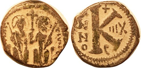 JUSTIN II, 1/2 Follis, S381, 2 Rulers std/Large K, Yr. IIIX, F+/AVF, brown patin...