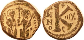 JUSTIN II, 1/2 Follis, S381, 2 Rulers std/Large K, Yr. IIIX, F+/AVF, brown patina with strong pale orange hilighting, nice. (A VF of the type brought ...