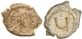 TIBERIUS II, 5N, S-438a, Bust r/Large u; F-VF/EF, large ragged flan, obv crude with wk lgnd, dark brownish patina. Scarce. (A GVF realized $356, Roma ...