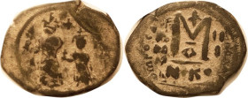 HERACLIUS, Follis, S-834, 2 figures/Large M, NIKO-III-A, F, brown patina with earthen hilighting, overstruck so sl crude, DMFOCA clear on rev. (An ove...