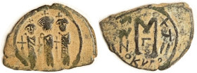 HERACLIUS, Follis, S-849, 3 figures/M, Cyprus mintmk, Yr XuII-Gamma, F-VF, centered on halved older coin, dark patina with strong hilighting, clear & ...