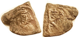 JUSTIANIAN II, 1/2 Follis, S-1262, Facg bust/K, F or so, struck on a quartered flan, lt. brown, extremely crude from overstriking, year unclear. RARE ...