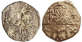CONSTANTINE V, Fol, 2 busts facg/Leo bust facg, as S1556 but on rev N-X not X-N ; none in acs database; F-VF, olive brown, some crudeness, left obv fa...