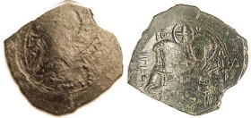 EMPIRE of NICAEA, John III, Æ Trachy, S-2131, St. Geoirge bust/John & St. Demetrius hldg staff with cross in circle; VG/F, irregular flan, dark brown,...