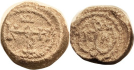 LEAD SEAL, 20 mm, thick flan, c.7th-8th cent? Cruciform Monogram/N-N within something or other, F or so, a little rough, sl off-ctr, monogram fully cl...