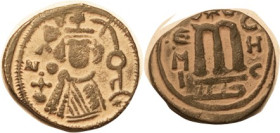 ARAB-BYZANTINE, Emesa, 20 mm Æ, 'Abd al-Malik ibn Marwan, 685-705, Facg bust/large M & lgnds, Alb.3524, Nice strong F, dark patina with strong orangy ...
