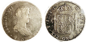 BOLIVIA, 8 Reales, 1808-PJ, Ferd VII (scarcer), in PCGS slab as VF35, I'd grade F-VF; darkish tone, quite nice. Spot at HISP is a photo problem, not o...