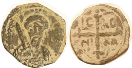 CRUSADERS, Antioch, Tancred (famed knight), 1101-12, Follis, Facg bust with turban & sword/IC-XC/NI-KA in cross; 20 mm; F, dark green patina with eart...