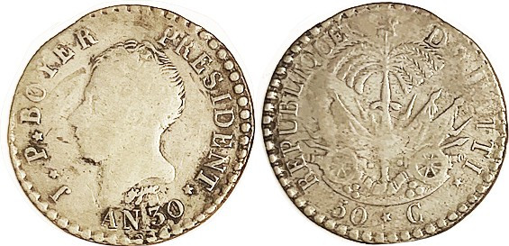 HAITI, 50 Centimes An 30 (1833), Boyer bust l/arms, VG, minor faults, lt tone, f...