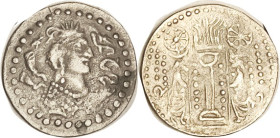 HEPHTHALITE, Nezak Huns, Ar Drachm, c. 6th cent, King's bust r/fare altar, 27 mm; AVF, decent metal, well struck for this.