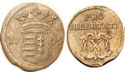 HUNGARY, "Malcontents," revolt, Æ 10 Poltura 1705, Crowned arms/X in frame; 31 mm, VF, sm edge clip. (A GVF sold for $199, Naumann 11/21.)