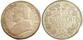 PAPAL STATES, 20 Bai, 1860-XV, F, sl bubbles in the flan, toned.