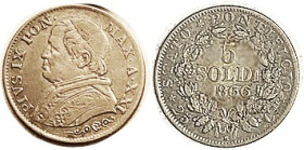 PAPAL STATES, Ar 5 Soldi, 1866, Pius IX bust l./lgnds & wreath, VF, nicely toned. Scarcest date of type.