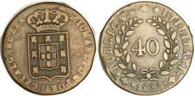 PORTUGAL, 40 Reis 1833, Miguel, big 35 mm & thick, Shield/ 40 in wreath, some lgnd wkness, otherwise nice F, good lt brown surfaces.