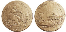 SCOTLAND, Conder Token, Montrose 1/2d 1796, D&H 28a (rared RR ; Schwer= no price); Gal at spinning wheel/city view; AF or so, some striking wkness.