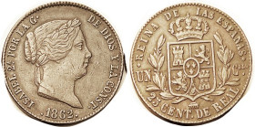 SPAIN, 25 Centimos 1862, VF-EF.